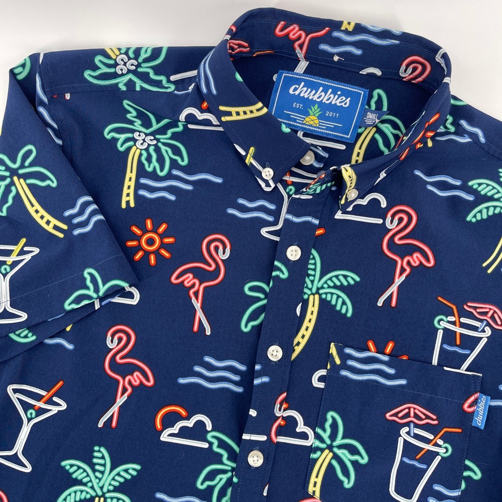 Chubbies Button Down Shirt Mens Small Short Sleeve Tropical Flamingo Neon Party